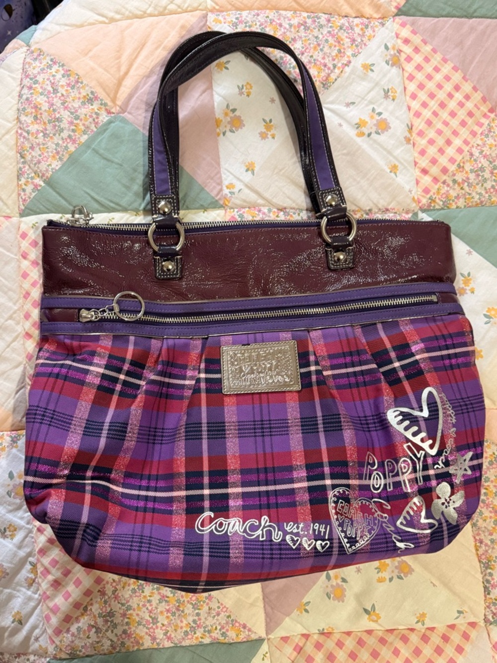 Coach Poppy Y2K Purple Plaid Travel Tote Bag with Zipper
